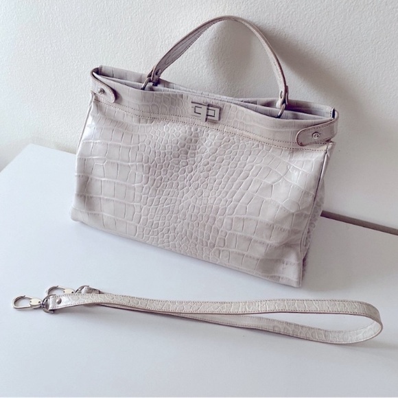 Claudia Firenze CROC EMBOSSED LARGE LEATHER TOTE BAG SATCHEL OFFICE TRAVEL Beige - Picture 5 of 13